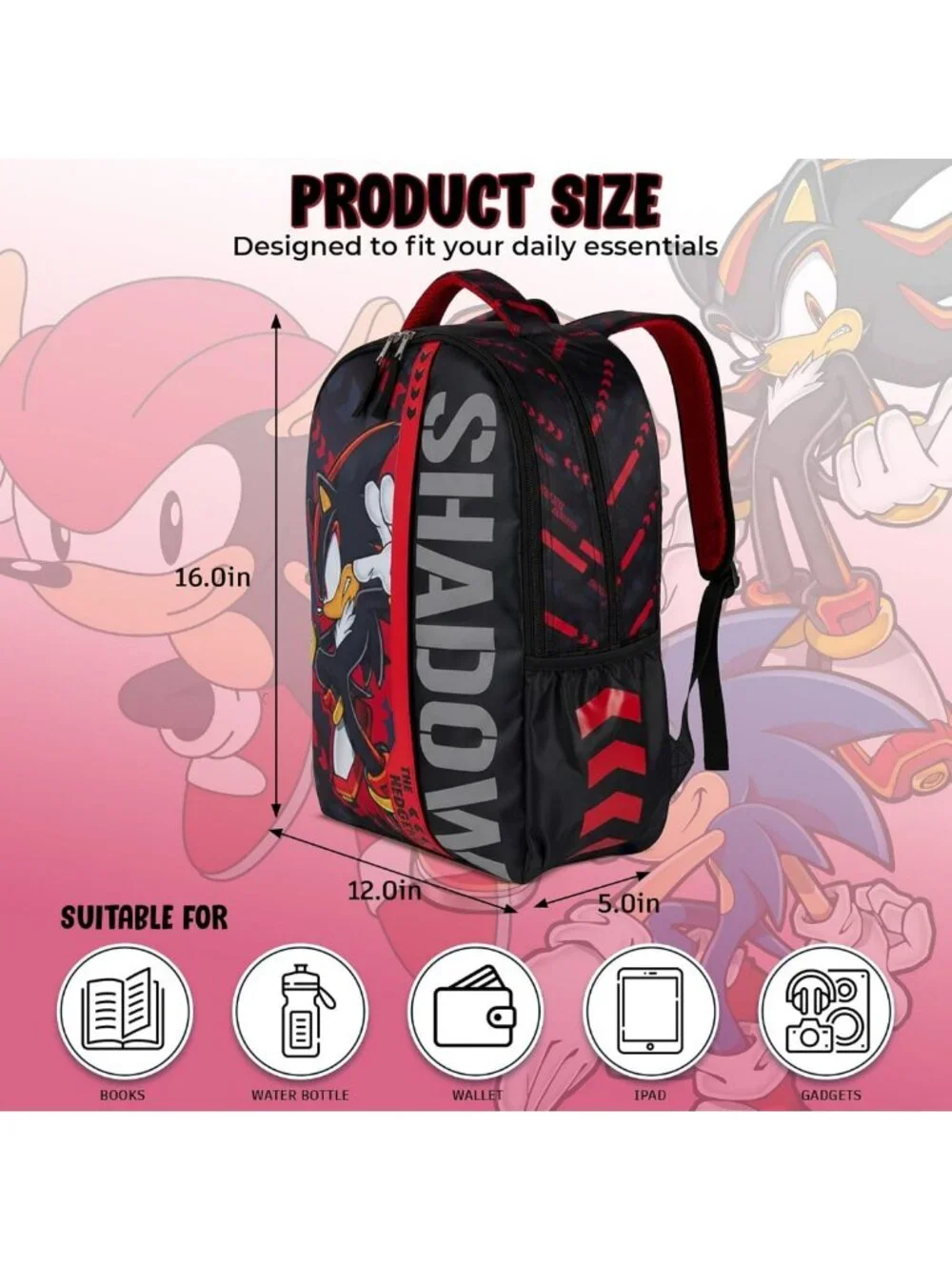 16-Inch Sonic Hedgehog Backpack for Kids - Reflective Schoolbag for Boys & Girls